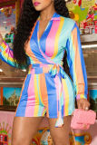 Multicolor Casual Striped Bandage V Neck Long Sleeve Two Pieces