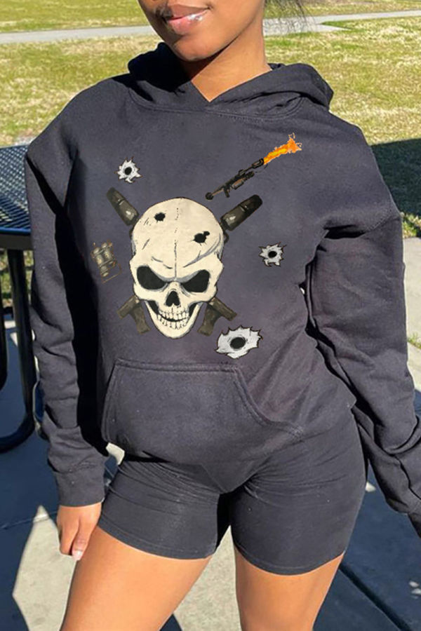 Black Casual Skull Head Print Patchwork Basic Hooded Collar Tops