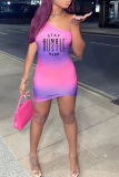 Purple Sexy Print Patchwork One Shoulder Pencil Skirt Dresses