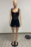 Black Fashion Sexy Solid Patchwork See-through Square Collar Sleeveless Two Pieces