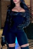 Black Sexy Street Solid Patchwork Square Collar Skinny Rompers