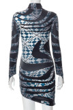 Blue Black Sexy Print Patchwork Asymmetrical Half A Turtleneck Pencil Skirt Dresses