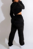 Black Casual Solid Patchwork Hooded Collar Long Sleeve Two Pieces