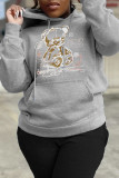 Grey Casual Cartoon Print Patchwork Basic Hooded Collar Tops