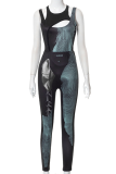 Black Sexy Print Hollowed Out O Neck Sleeveless Two Pieces