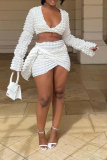 White Street Solid Patchwork V Neck Long Sleeve Two Pieces