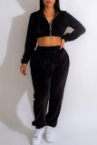 Black Casual Solid Patchwork Hooded Collar Long Sleeve Two Pieces