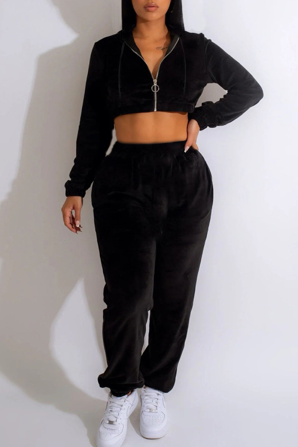 Black Casual Solid Patchwork Hooded Collar Long Sleeve Two Pieces
