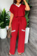 Red Casual Solid Patchwork V Neck Short Sleeve Two Pieces