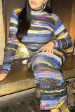 Colour Sexy Striped Print Hollowed Out Patchwork Half A Turtleneck One Step Skirt Dresses