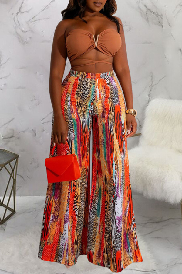 Coffee Sexy Print Patchwork Strapless Sleeveless Two Pieces