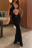 Black Sexy Solid Hollowed Out V Neck Pencil Skirt Dresses
