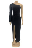 Fuchsia Sexy Casual Solid Backless Slit Oblique Collar Long Sleeve Dresses