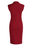 Red Casual Solid Patchwork V Neck Dresses