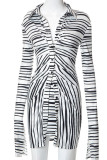Black Sexy Striped Print Patchwork Buckle Turndown Collar Long Sleeve Two Pieces