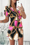 Colour Casual Print Patchwork Turndown Collar Short Sleeve Dress