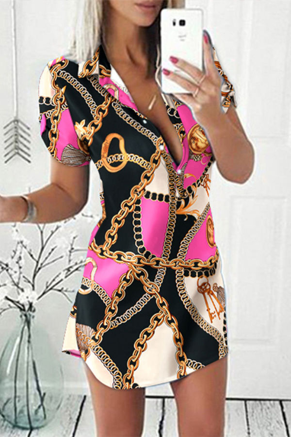 Rose Red Casual Print Patchwork Turndown Collar Short Sleeve Dress