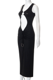 Black Sexy Solid Hollowed Out V Neck Pencil Skirt Dresses