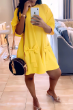 Yellow Casual Solid Patchwork O Neck Straight Dresses