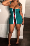 Deep Blue Sexy Patchwork Buckle Spaghetti Strap Pencil Skirt Dresses