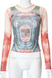 Multicolor Sexy Print Mesh O Neck Tops