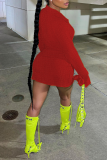 Red Sexy Solid Patchwork Turndown Collar Irregular Dress Dresses