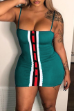 Deep Blue Sexy Patchwork Buckle Spaghetti Strap Pencil Skirt Dresses
