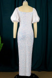 White Elegant Solid Sequins Patchwork Slit Square Collar Evening Dress Dresses