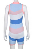 Blue Casual Print Patchwork Buttons Turndown Collar Skinny Rompers