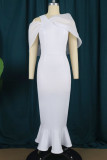 White Elegant Solid Patchwork Asymmetrical Collar Trumpet Mermaid Dresses