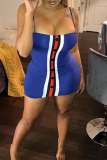 Deep Blue Sexy Patchwork Buckle Spaghetti Strap Pencil Skirt Dresses