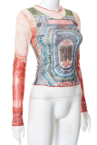 Multicolor Sexy Print Mesh O Neck Tops