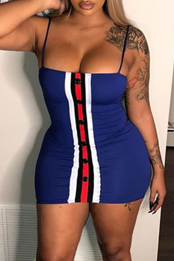 Deep Blue Sexy Patchwork Buckle Spaghetti Strap Pencil Skirt Dresses