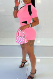 Pink Casual Sportswear Solid Patchwork Half A Turtleneck Regular Rompers
