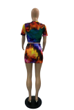 Green Sexy Patchwork Tie-dye O Neck Short Sleeve Two Pieces