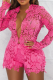 Rose Red Sexy Solid Lace V Neck Long Sleeve Two Pieces