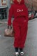 Burgundy Casual Print Letter Hooded Collar Long Sleeve Two Pieces