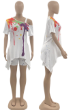 White Casual Patchwork Tie-dye Spaghetti Strap Short Sleeve Two Pieces