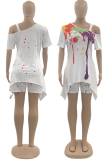 White Casual Patchwork Tie-dye Spaghetti Strap Short Sleeve Two Pieces