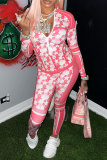 Pink Sexy Print Patchwork Turndown Collar Long Sleeve Two Pieces