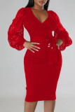 Red Sexy Solid Patchwork V Neck One Step Skirt Dresses