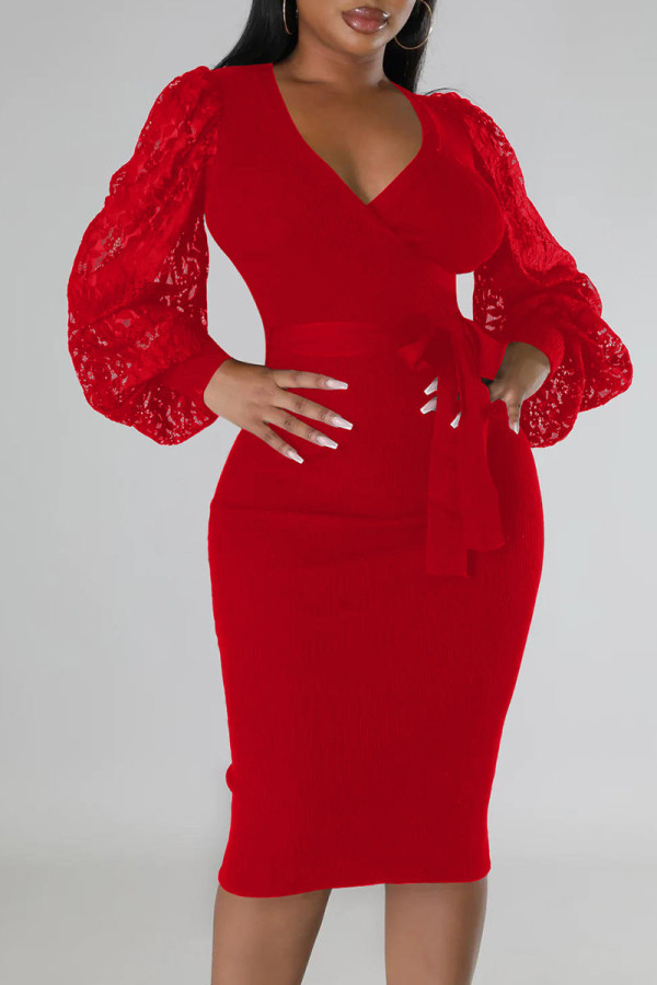 Red Sexy Solid Patchwork V Neck One Step Skirt Dresses