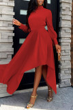 Red Casual Solid Patchwork Asymmetrical Half A Turtleneck A Line Dresses
