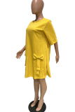 Yellow Casual Solid Patchwork O Neck Straight Dresses