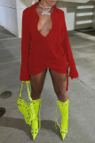 Red Sexy Solid Patchwork Turndown Collar Irregular Dress Dresses