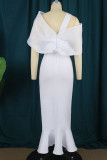 White Elegant Solid Patchwork Asymmetrical Collar Trumpet Mermaid Dresses