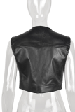 Black Casual Print Patchwork Zipper Collar Tops
