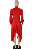 Red Casual Solid Patchwork Asymmetrical Half A Turtleneck A Line Dresses