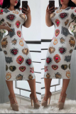 Pink Sexy Print Patchwork O Neck Pencil Skirt Dresses