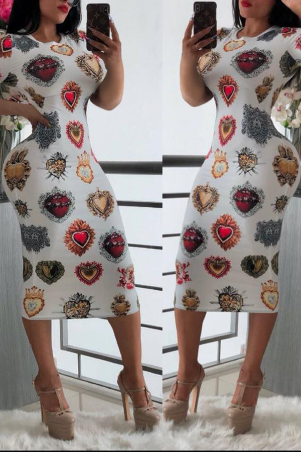 White Sexy Print Patchwork O Neck Pencil Skirt Dresses